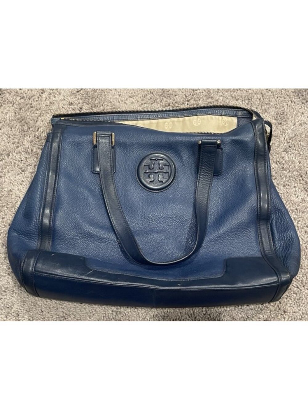 Tory Burch Satchel Handbag Large Blue Pebbled Leather Dual Handles Footed